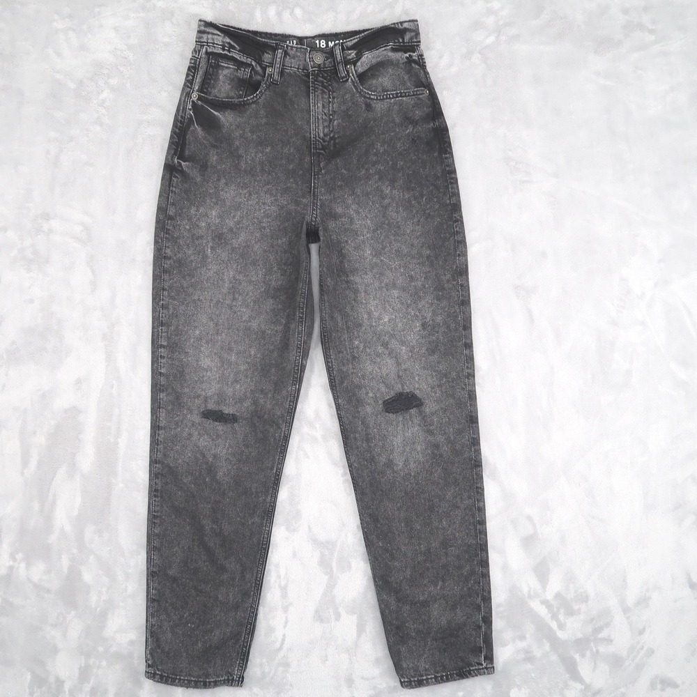 Gap Mom Jeans Teen 18 Fit 26x29 Gray Acid Wash High Rise Tapered Distressed